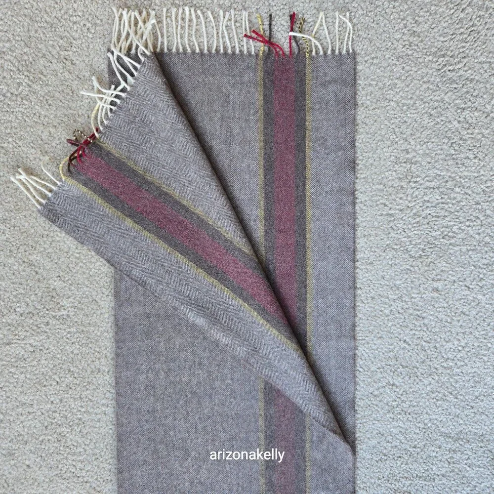 NWOT Wool Herringbone Scarf Brown with Burgundy & Yellow Stripe